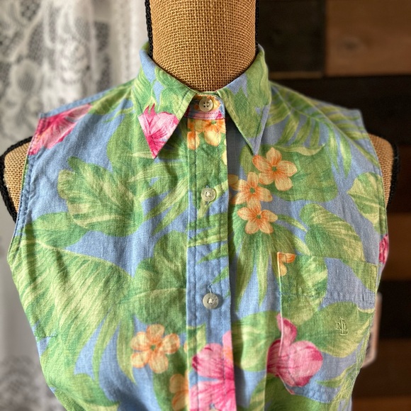 Ralph Lauren 100% Linen Tropical Print Sleeveless Tie Front Cropped Top - Picture 11 of 11